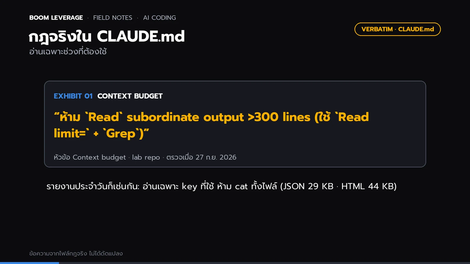 การ์ดกฎจริงจาก CLAUDE.md: ห้าม Read subordinate output เกิน 300 lines ให้ใช้ Read limit และ Grep