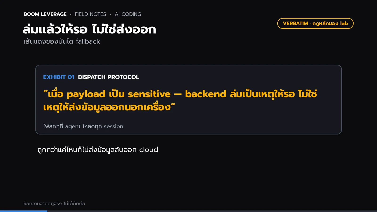 การ์ดข้อความจริงจากไฟล์กฎหลัก: สำหรับงานลับ backend ล่มเป็นเหตุให้รอ ไม่ใช่เหตุให้ส่งข้อมูลออกนอกเครื่อง