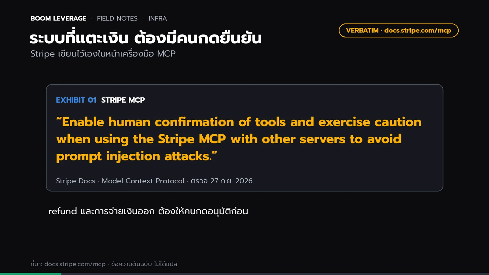 การ์ดข้อความจริงจากเอกสาร Stripe MCP แนะนำให้เปิด human confirmation และระวัง prompt injection เมื่อใช้ร่วมกับ server อื่น