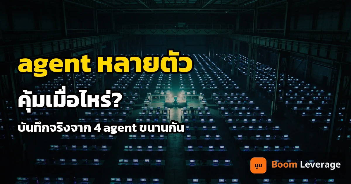 ห้องโถงมืดขนาดใหญ่ มีโต๊ะทำงานเรืองแสงเรียงเป็นตาราง พร้อมข้อความ agent หลายตัว คุ้มเมื่อไหร่
