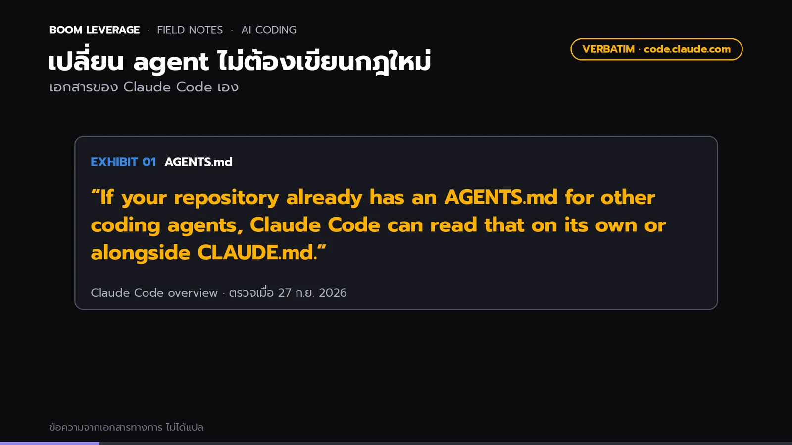 การ์ดข้อความจากเอกสาร Claude Code: If your repository already has an AGENTS.md for other coding agents, Claude Code can read that