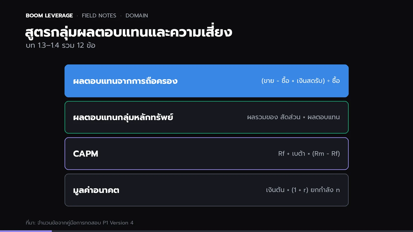 รายการสูตร 4 ตัวของกลุ่มผลตอบแทน: อัตราผลตอบแทนจากการถือครอง ผลตอบแทนที่คาดหวังของกลุ่มหลักทรัพย์ CAPM และมูลค่าอนาคต