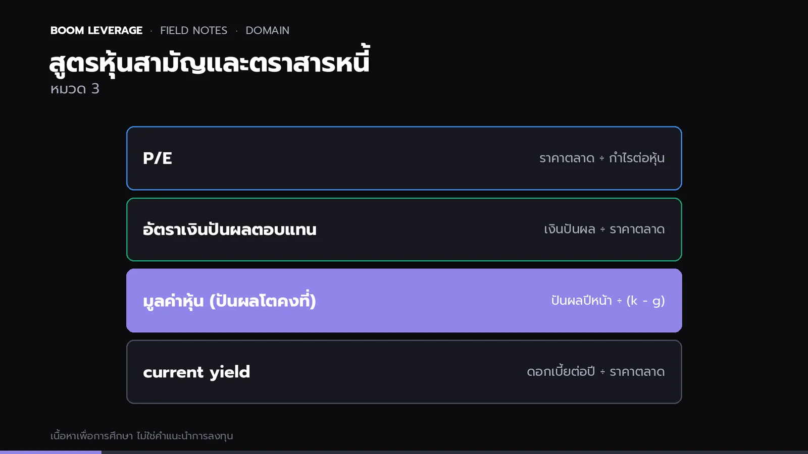 รายการสูตร 4 ตัว: อัตราส่วนราคาต่อกำไร อัตราเงินปันผลตอบแทน แบบจำลองเงินปันผลเติบโตคงที่ และอัตราผลตอบแทนปัจจุบันของตราสารหนี้