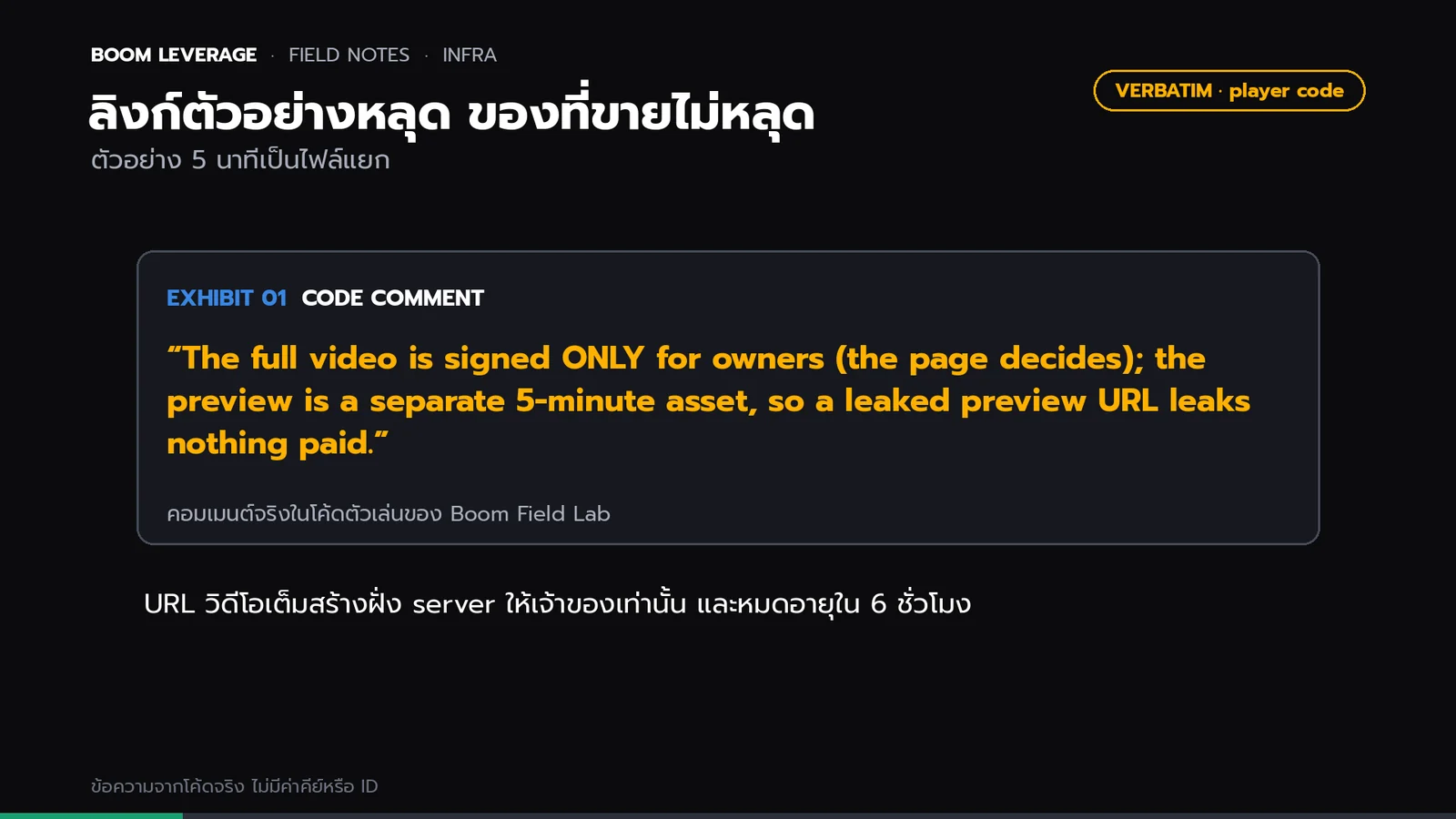 การ์ดข้อความจริงจากคอมเมนต์ในโค้ดของ Boom Field Lab อธิบายว่าวิดีโอเต็มเซ็นให้เฉพาะเจ้าของ และตัวอย่าง 5 นาทีเป็นไฟล์แยก ลิงก์ตัวอย่างหลุดจึงไม่เสียของที่ขาย